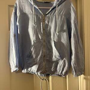 Light Blue Linen Blend Full-Zip Drawstring Hoodie Jacket Size M